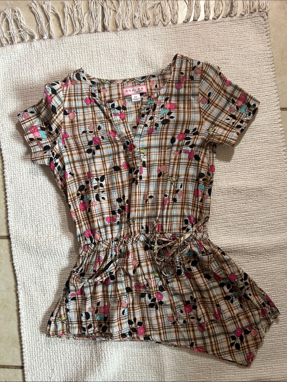 koi scrub top Floral Drawstring Top - Pink & Brown